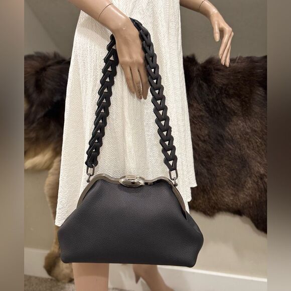 Black Togo Cowhide Leather Handmade Custom Metal Frame Handbag & 2 Strap Styles - Picture 8 of 16